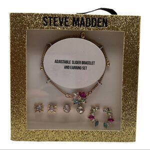 Steve Madden Gold Tone Multicolor Crystal Slider Bracelet & Earrings Set New
